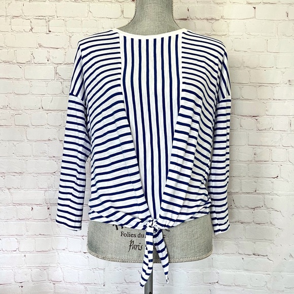 BANANA REPUBLIC Blue & White Coastal Striped 3/4 Sleeve Tie Front Top - Picture 2 of 8